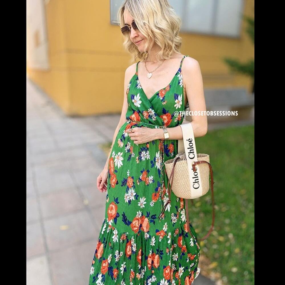 Zara Green Floral Midi Dress with Orange & White Blooms